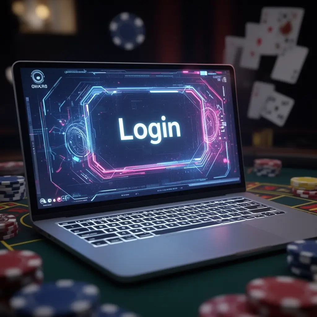 31BD Login – Fast and secure sign in for players across Bangladesh Futuristic laptop with a bright login button and blurred casino chips in the background representing fast and secure sign in to 31BD casino in Bangladesh